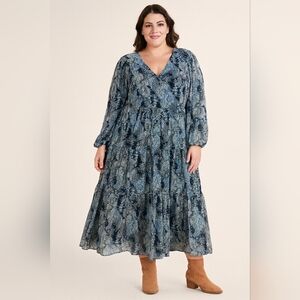 Joie Parisian Paisley Chiffon Tiered Midi Dress Plus Womens XXL Blue Sheer